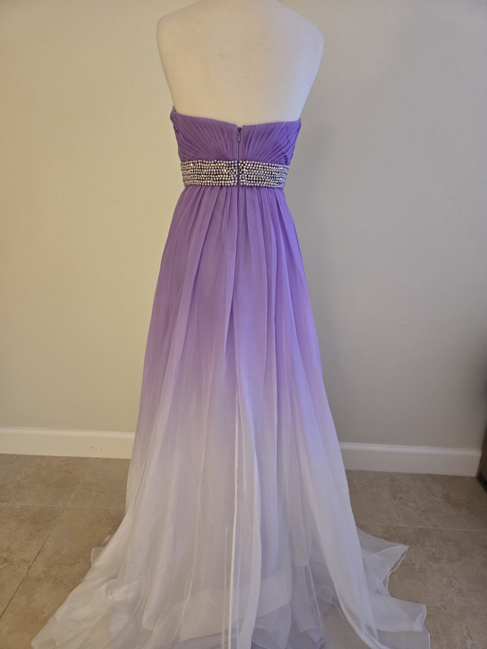 La Femme Lavender to White Ombre Wisteri Strapless Evening Gown Beaded Waist - Picture 5 of 10